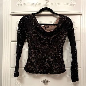 BCBG black lace off the shoulder peplum blouse